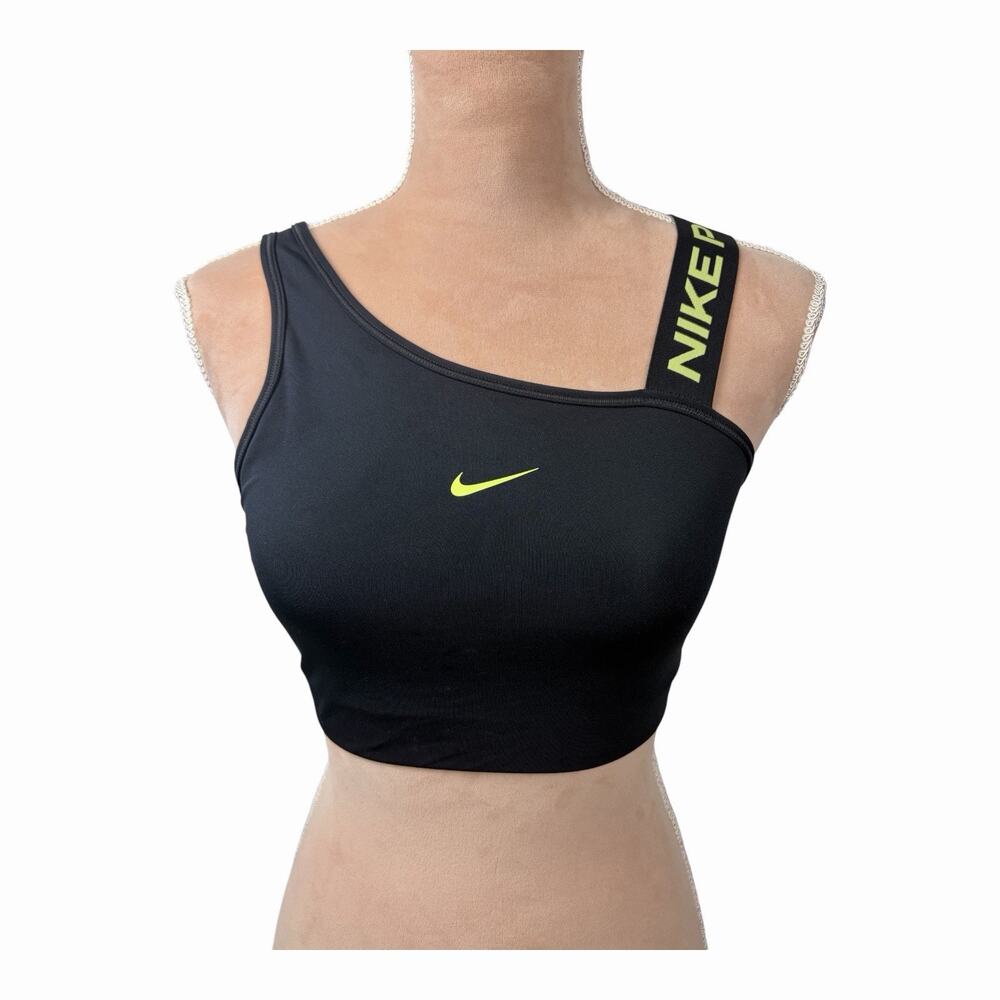 Nike Pro Dri-FIT Sports Bra Womens S Black Neon Green Asymmetrical Strap